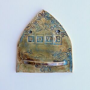 Handmade Pottery "LOVE" Wall Mount Miniature Shelf Green Cottagecore